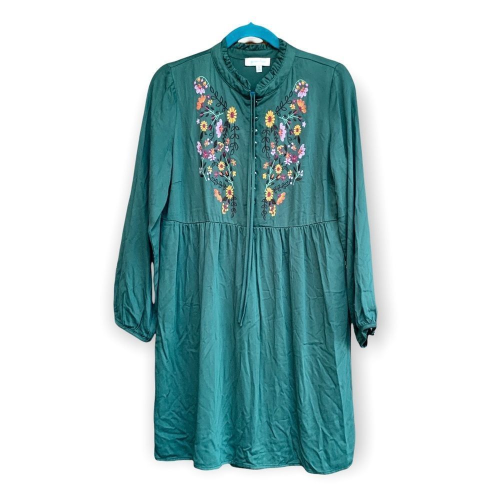 Grace & Lace Green Long Sleeve Embroidered Peasant Mini Dress Size S